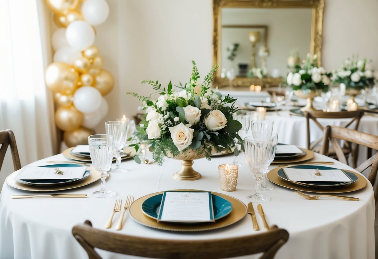 A table set with elegant decorations and various bridal shower activities, with a budget-friendly yet tasteful ambiance