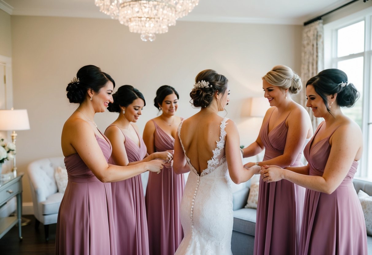 Bridesmaids help bride prepare for ceremony and reception