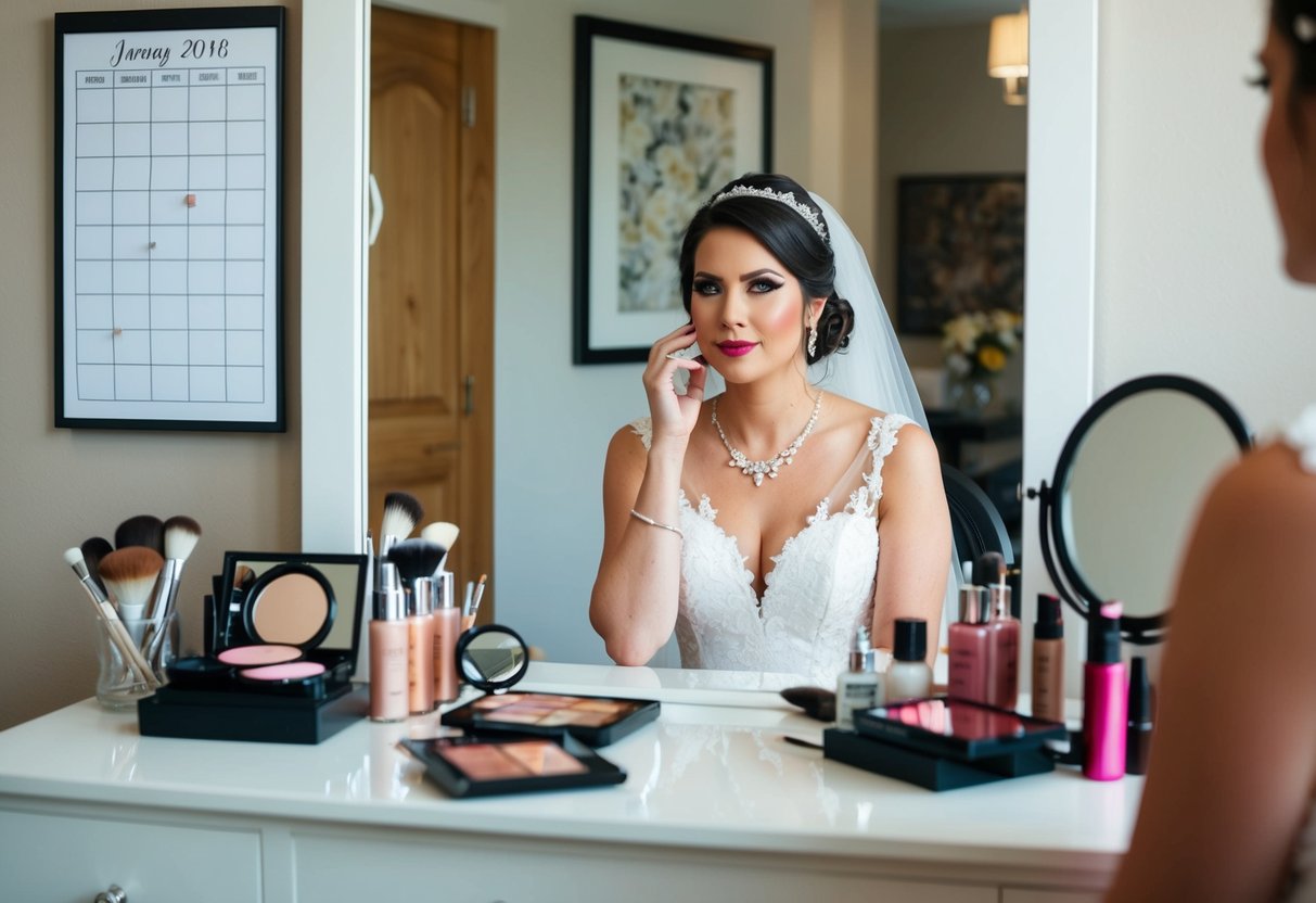 A bride sits at a vanity, surrounded by makeup products and a mirror. A calendar on the wall shows the wedding date. She is pondering her bridal beauty timeline