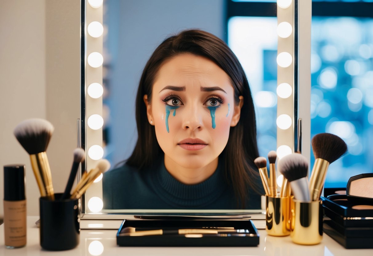 A woman's tear-streaked face in front of a mirror, with makeup brushes and products laid out on the counter
