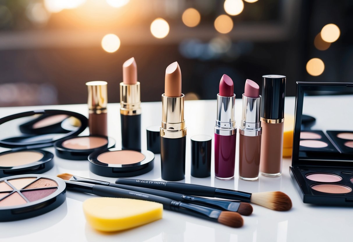 A table with various makeup products laid out, including foundation, lipstick, and eyeshadow palettes, along with brushes and sponges