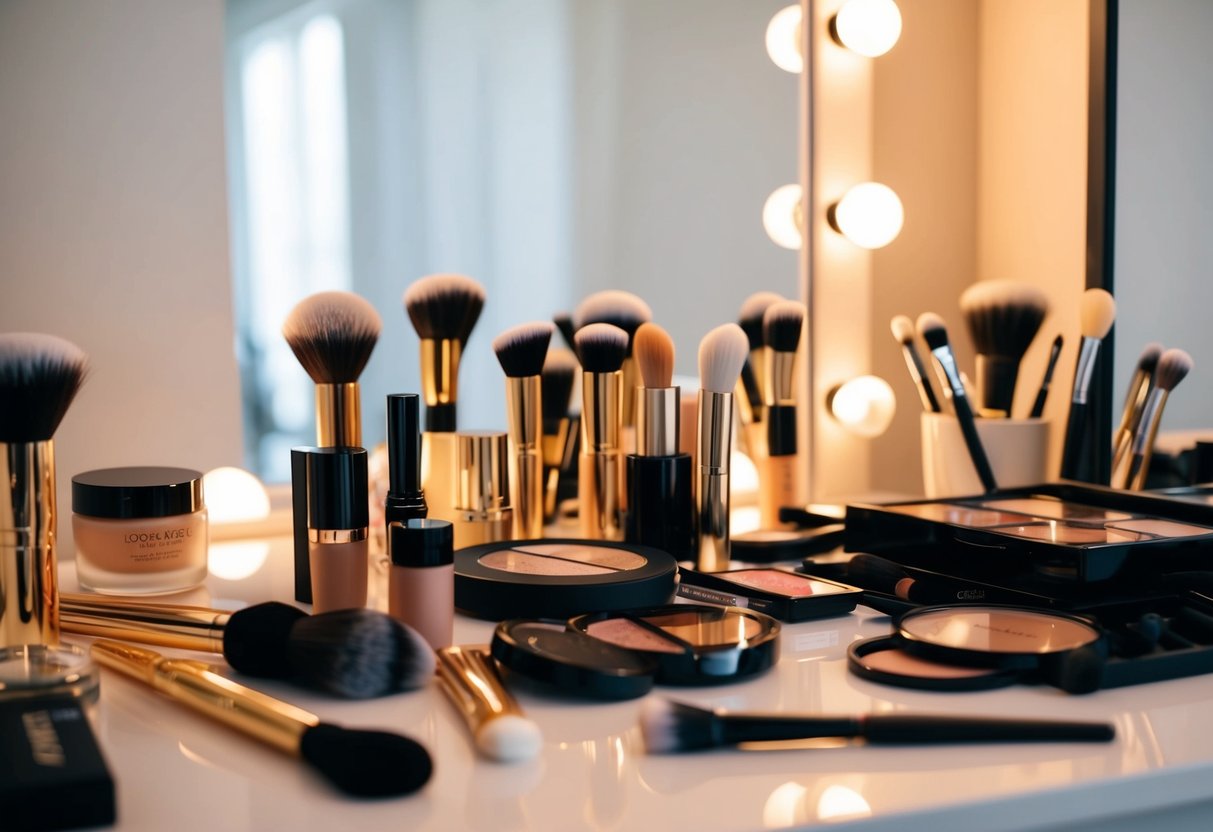A cluttered makeup table with various high-end beauty products and brushes scattered around. A mirror reflects the soft glow of the room's lighting