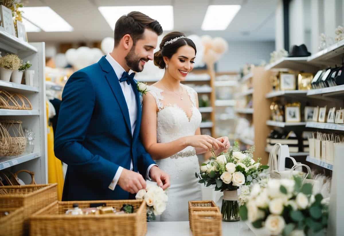 A bride and groom shopping for wedding essentials, browsing through decorations and accessories in a store