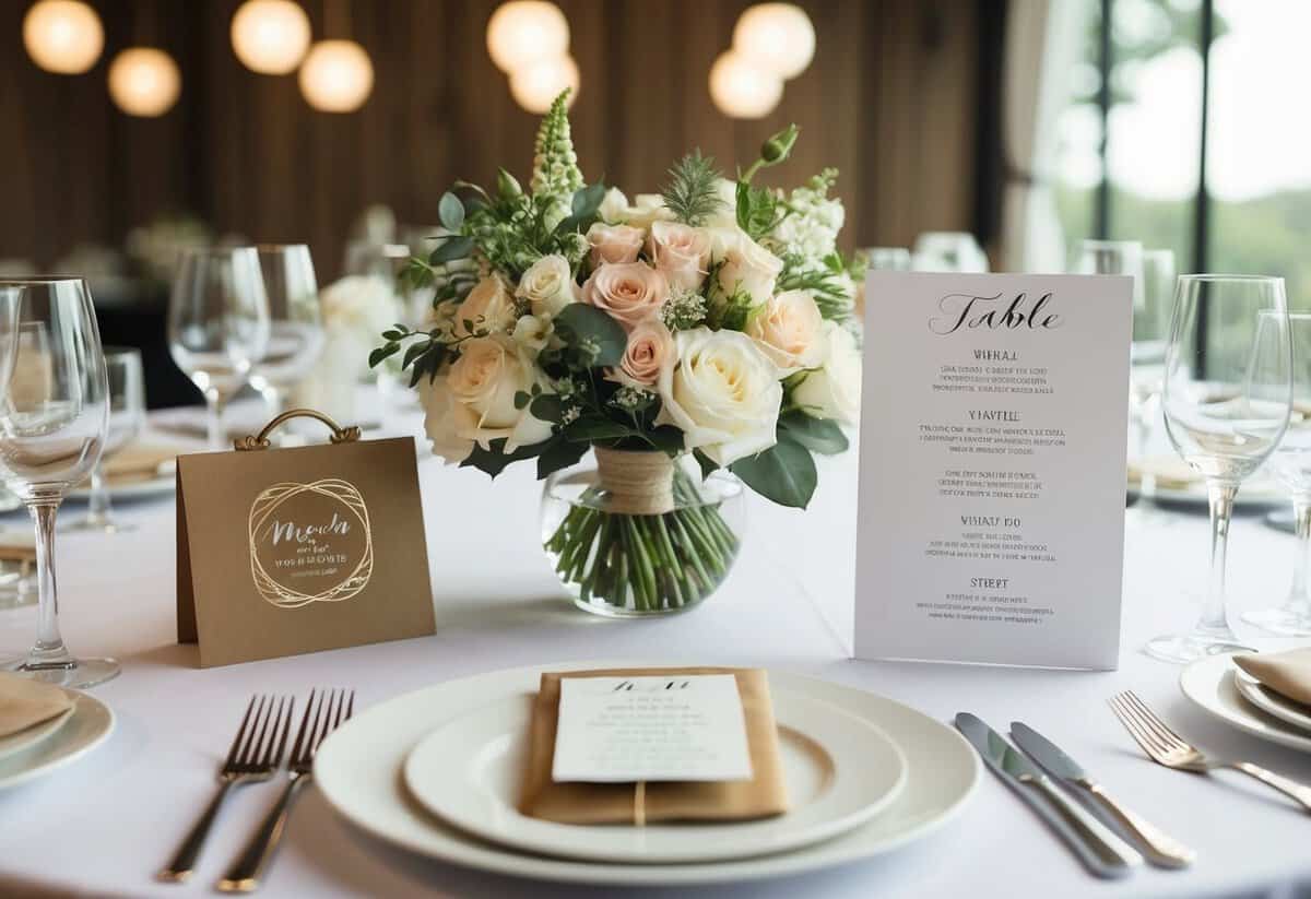 A table set with wedding favors, a bouquet of flowers, and a schedule of events