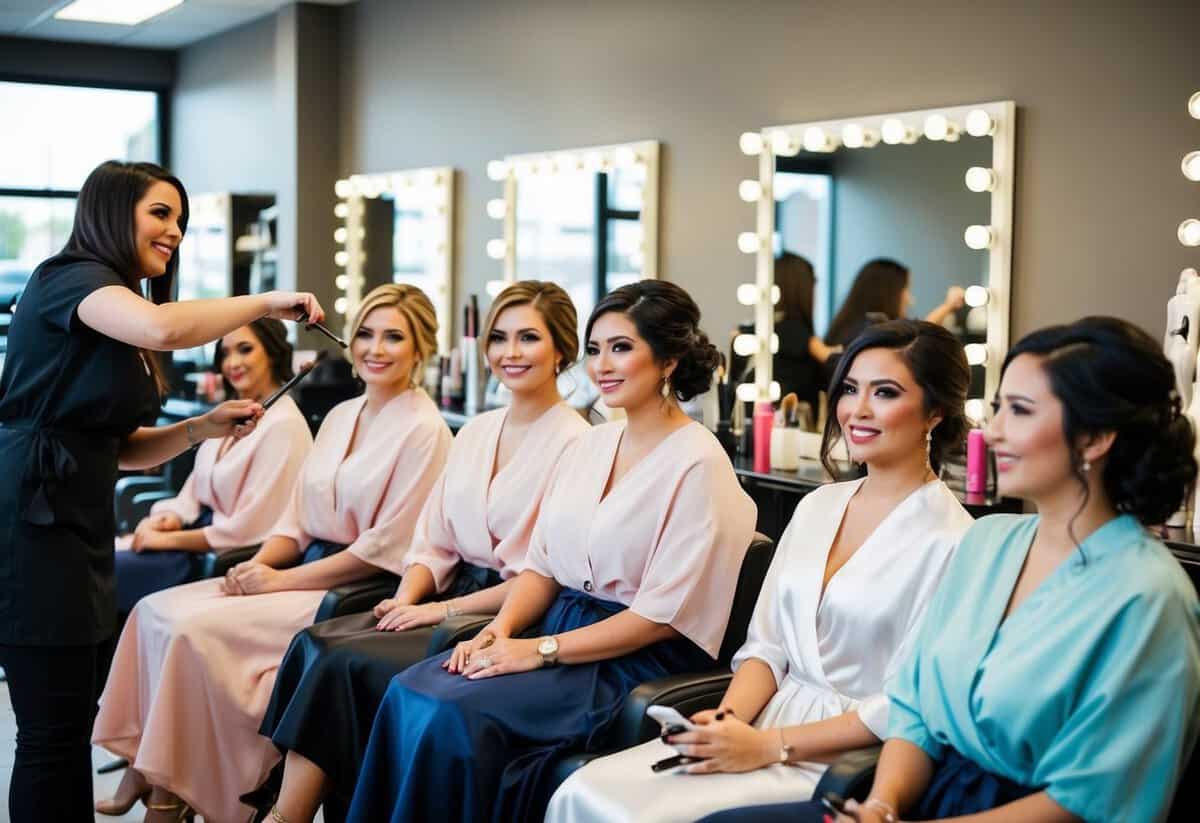 A group of bridesmaids sitting in a salon, getting their hair and makeup done by professional stylists