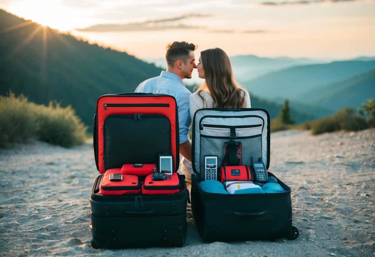 A couple packing a suitcase with emergency supplies and communication devices for a wedding trip