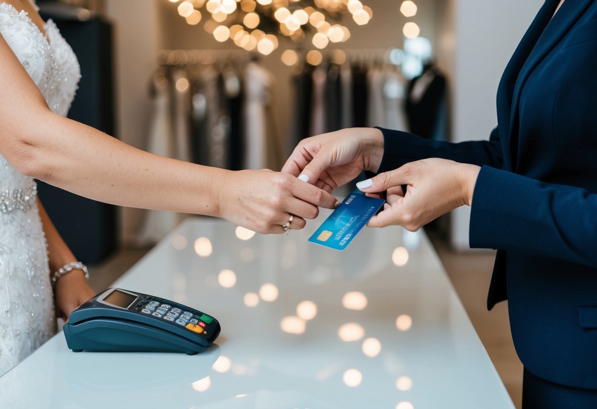 A woman hands over a credit card to a cashier at a bridal shop
