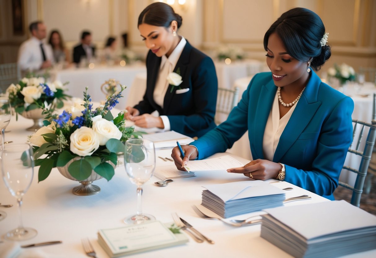 A table with elegant place settings and floral centerpieces. A woman writing checks and reviewing receipts. A stack of envelopes and invitations nearby