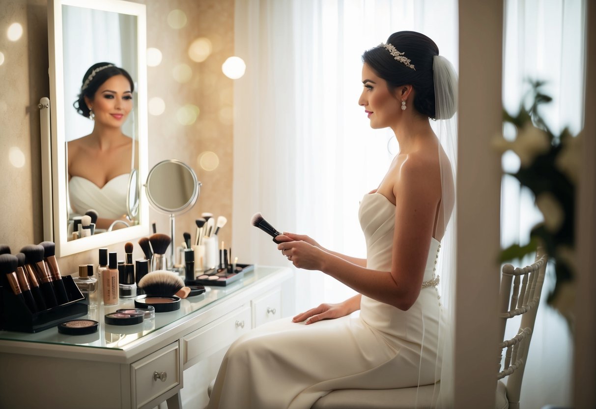 A bride sits in front of a vanity mirror, surrounded by various makeup products and tools. She wears a white gown and a veil, with her hair styled elegantly