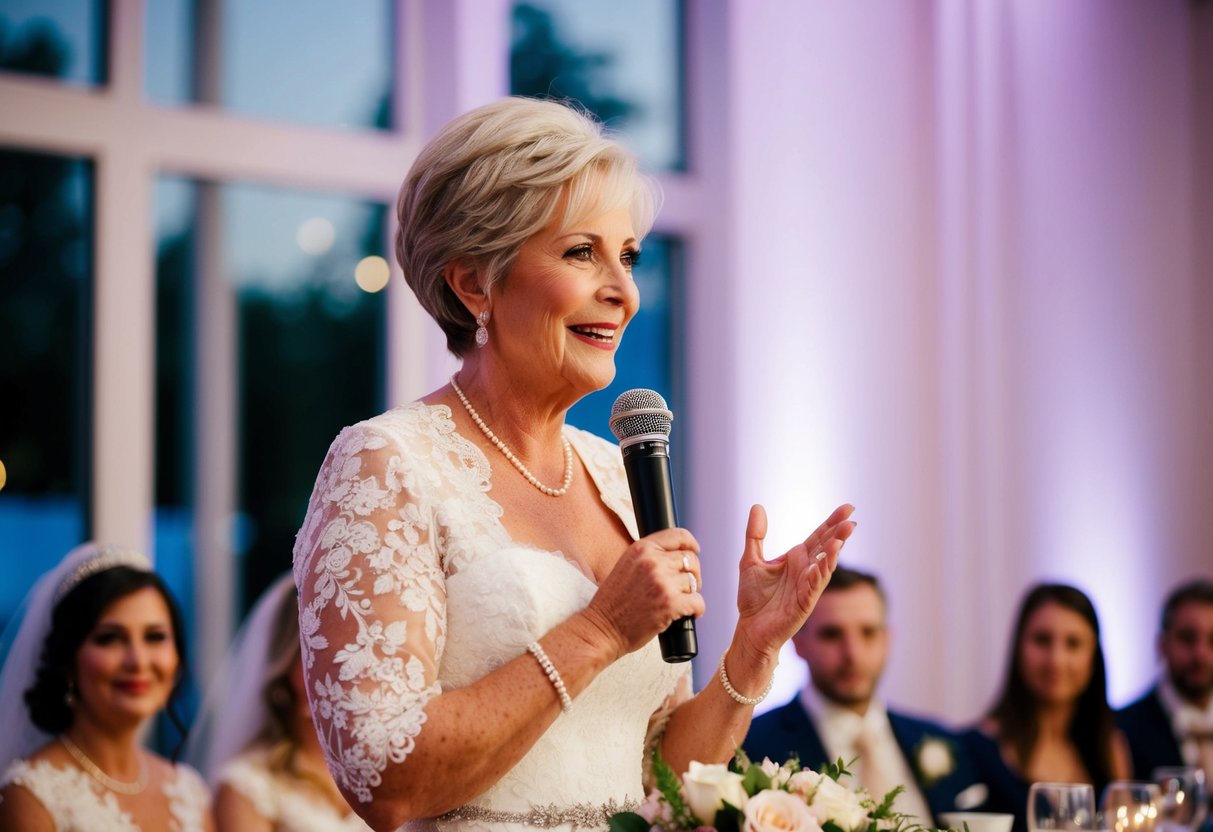 The mother of the bride gives a heartfelt speech during the wedding reception, expressing her love and best wishes for the newlyweds