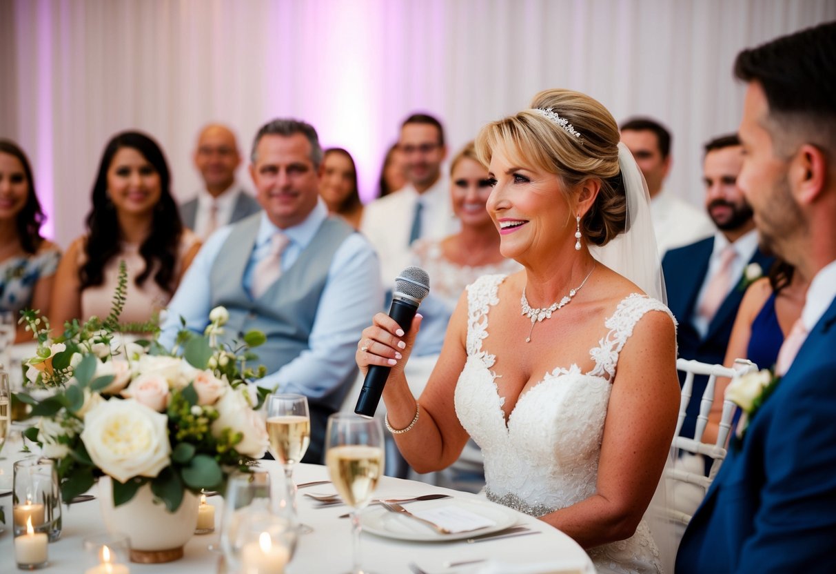 The mother of the bride gives a heartfelt speech during the wedding reception, surrounded by family and friends