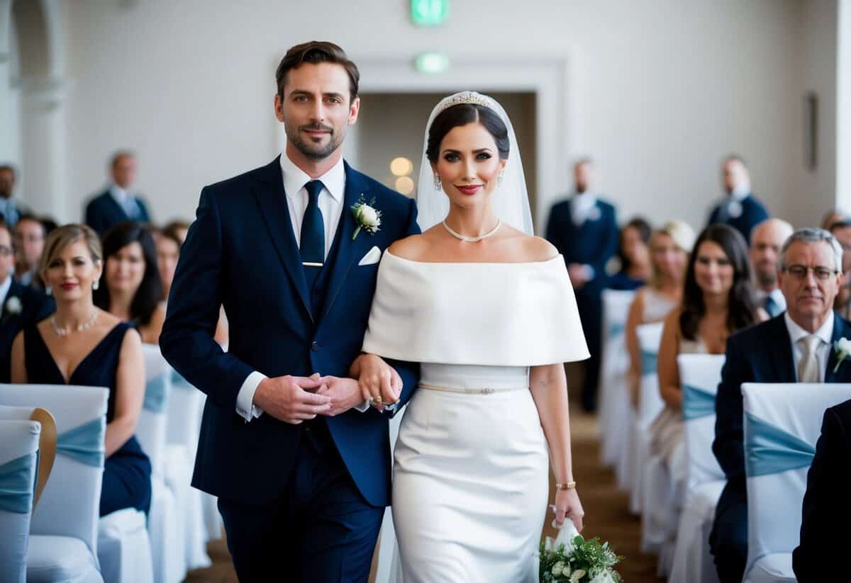 A woman in elegant attire walks down the aisle, escorted by a man in a formal suit. They exude grace and poise as they make their way to their seats