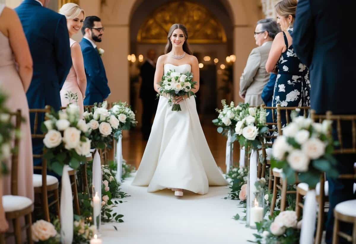 A figure in a formal dress walks down the aisle, surrounded by flowers and decorative elements