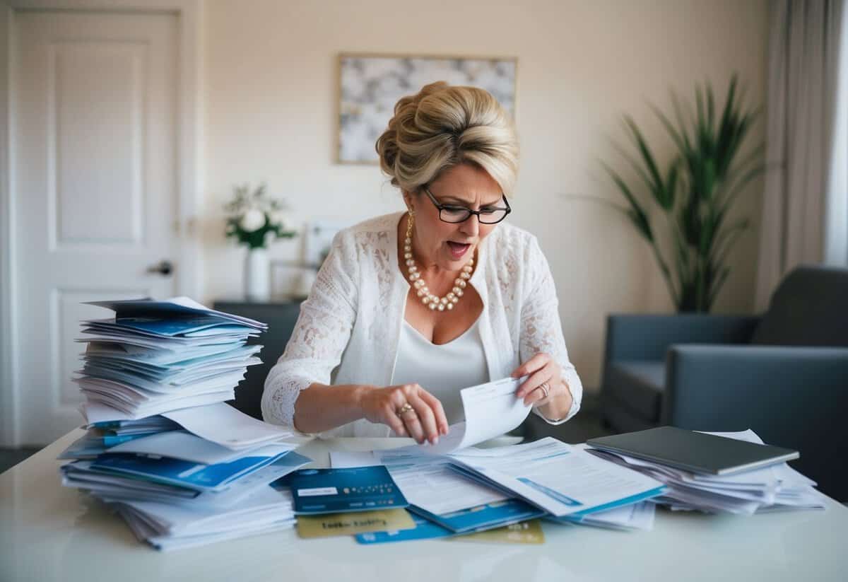 A mother of the bride frantically sorting through a pile of credit card bills and wedding planning documents, looking stressed and overwhelmed