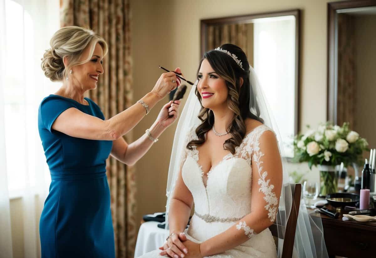 A mother-in-law helps the bride get ready for her wedding day, assisting with hair and makeup in a warm, supportive atmosphere