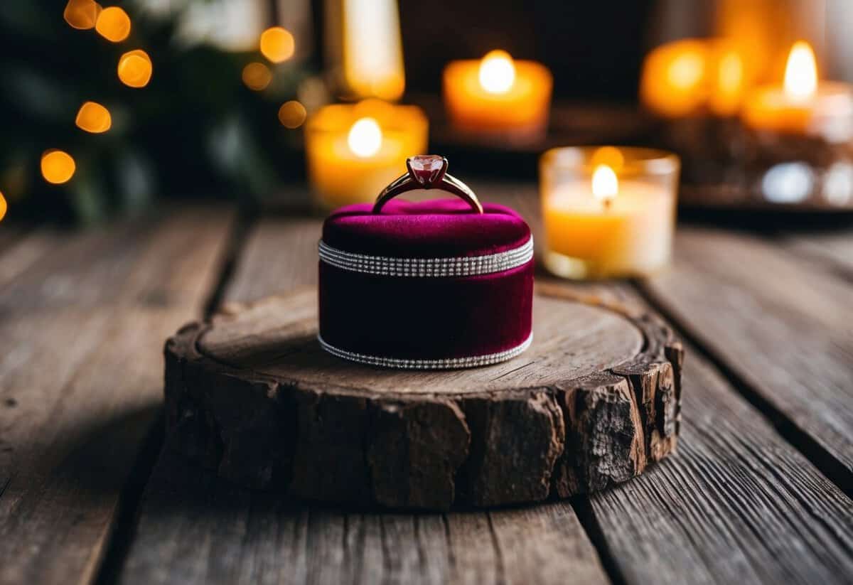 A velvet ring box sits atop a rustic wooden table, bathed in soft candlelight