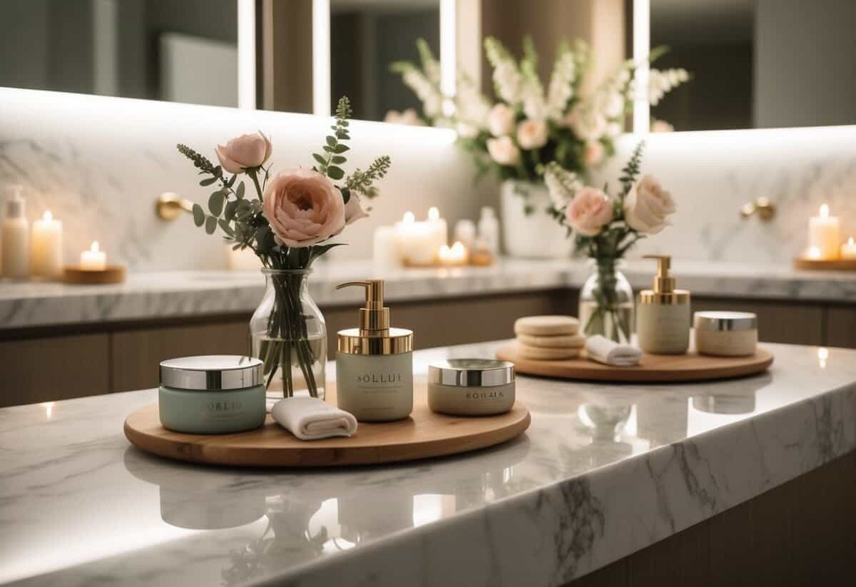 A serene spa setting with soft lighting, floral arrangements, and skincare products arranged on a marble countertop