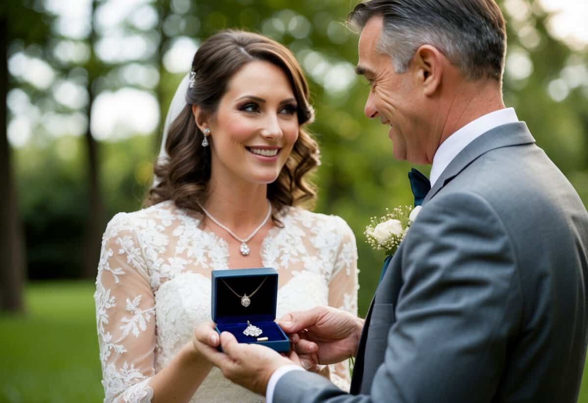 A father presents his daughter with a vintage family heirloom, a delicate necklace with a shimmering pendant, as a gift for her wedding day