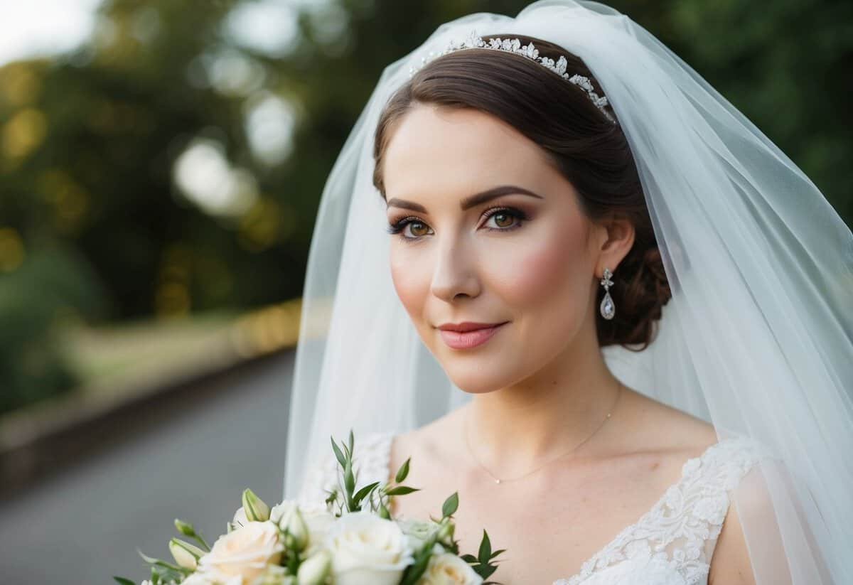 A bride with a soft, natural makeup look, wearing a white gown and veil, holding a bouquet of flowers