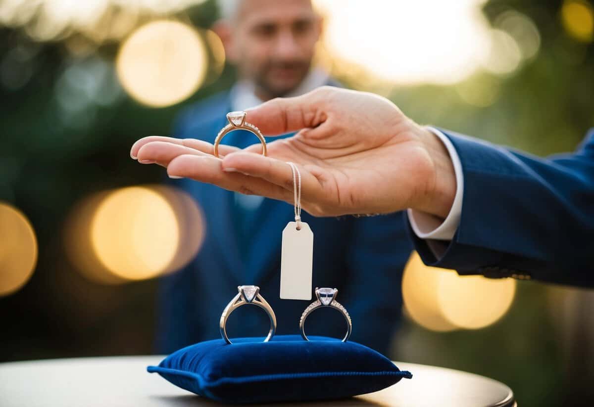 A man's hand holds out two wedding rings on a velvet cushion. A price tag dangles from one