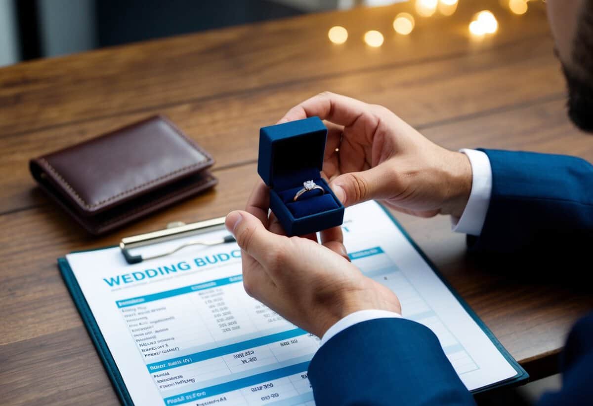 A groom's hand holding a ring box, with a wallet and wedding budget spreadsheet in the background