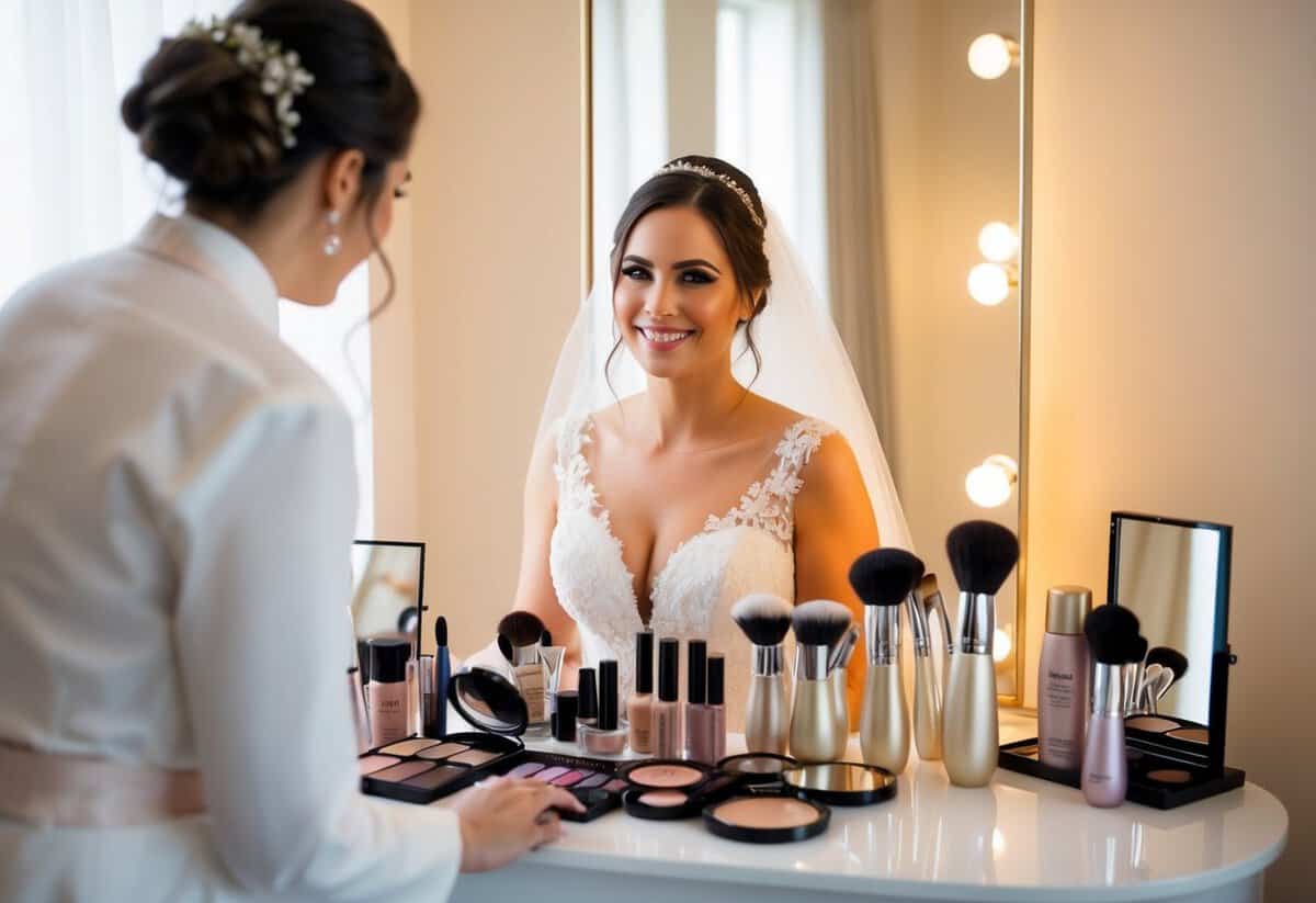 A bride surrounded by a selection of makeup products, with a mirror and soft lighting to create a warm and inviting atmosphere