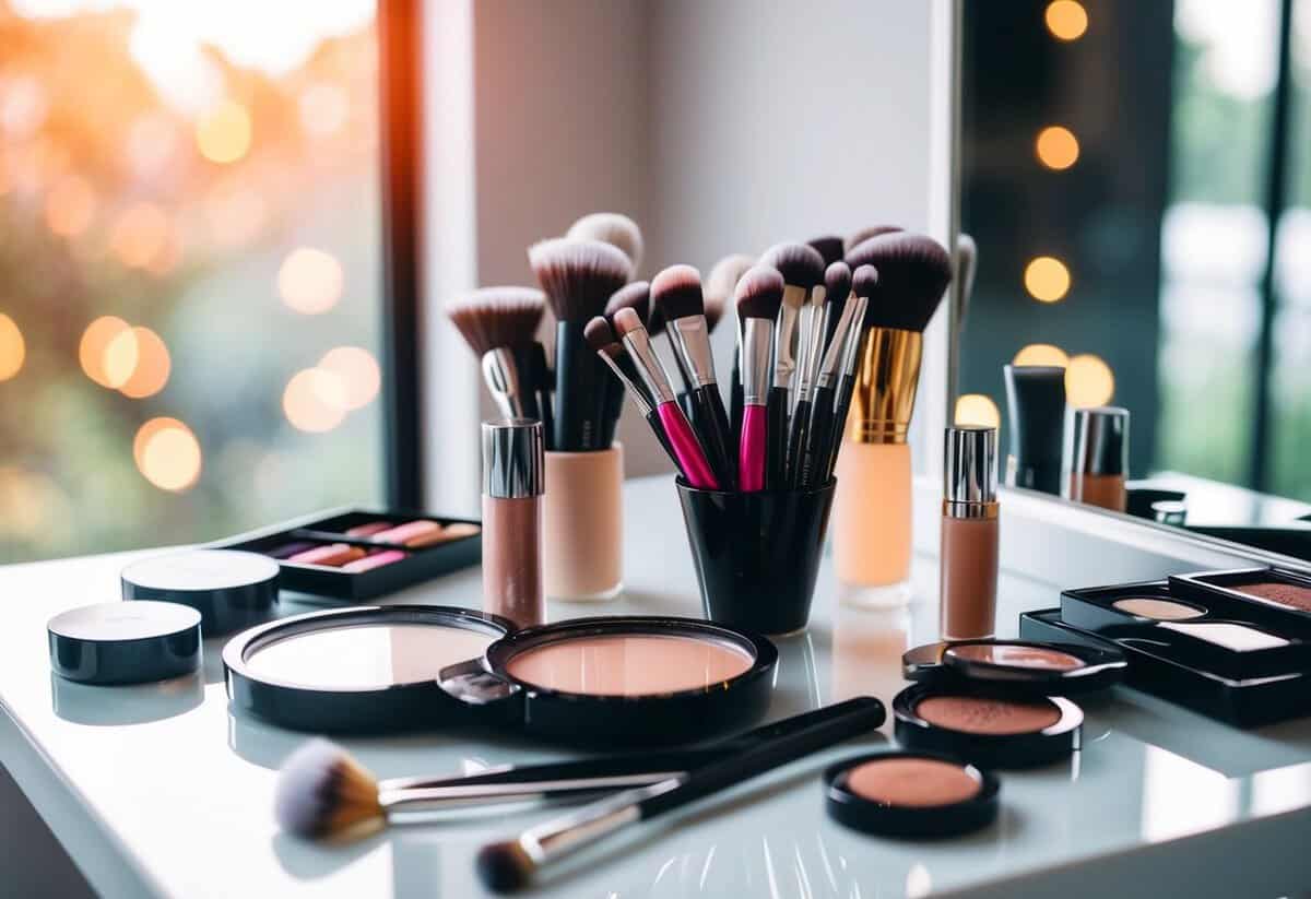 A bride's makeup table with various cosmetics and brushes arranged neatly