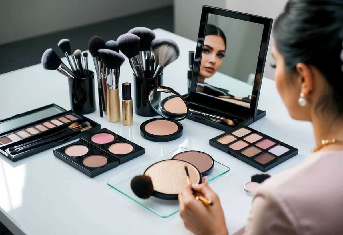 A table with makeup products arranged neatly, a mirror, brushes, and a model's face with subtle bridal makeup applied in a step-by-step process