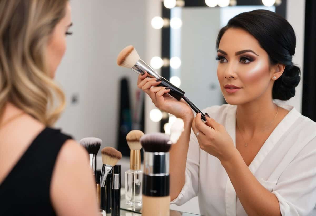 A makeup artist applies foundation and contouring to a mannequin head, demonstrating step-by-step bridal makeup techniques