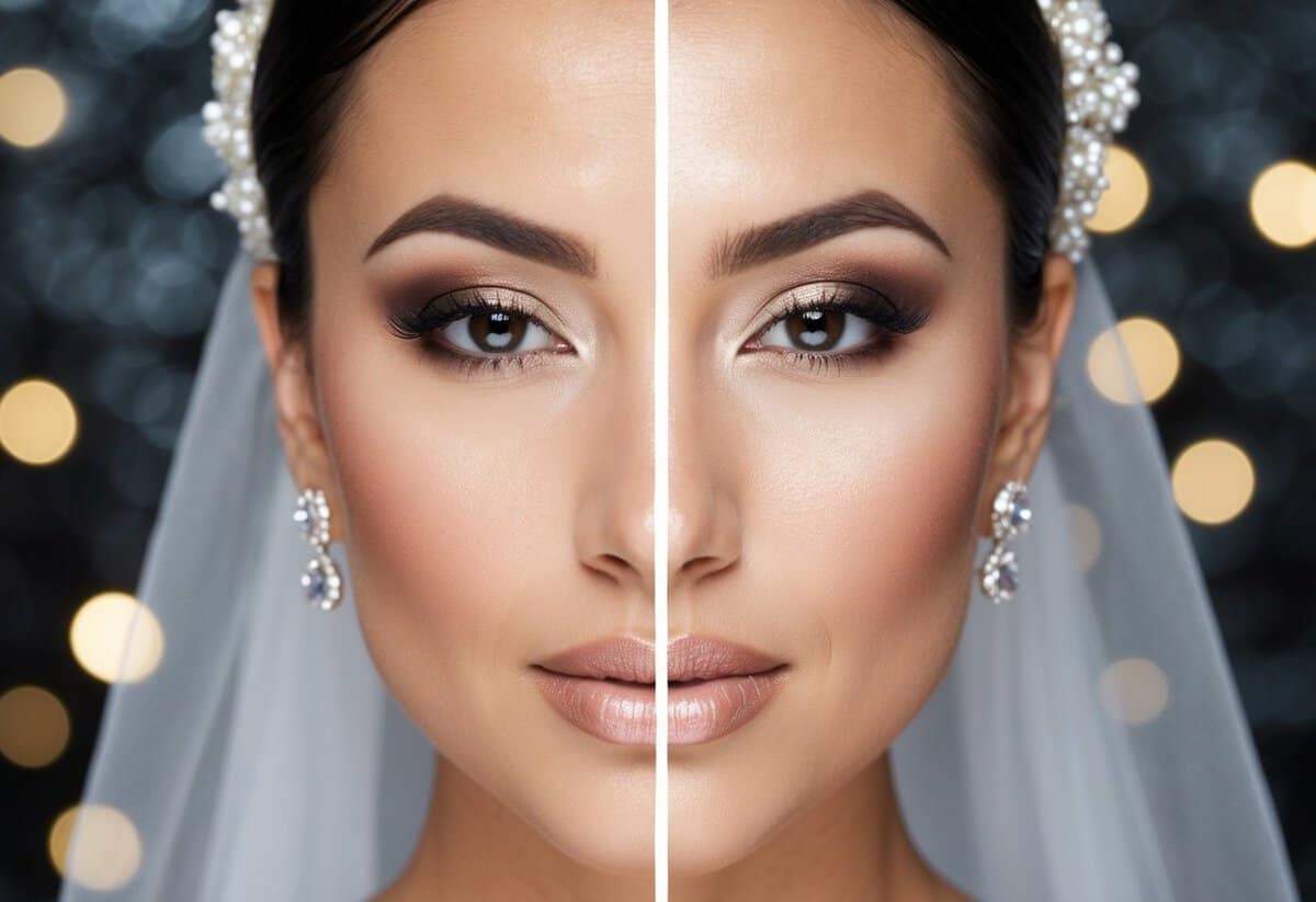 A bride's face split in half, one side with matte makeup and the other with dewy makeup, showcasing the contrast between the two finishes