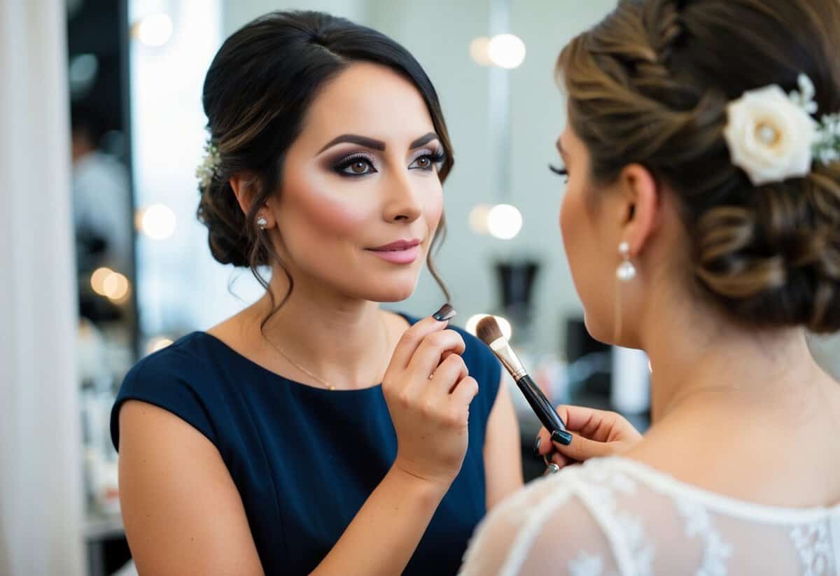 A makeup artist carefully applies the final touches to a bridal makeup look, adding subtle highlights and blending colors for a flawless finish