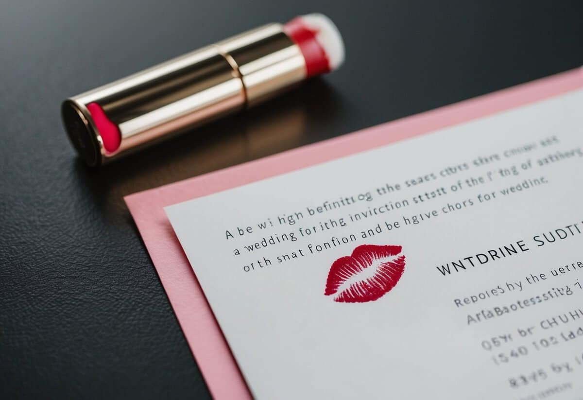 A wedding invitation with a lipstick smudge on the corner