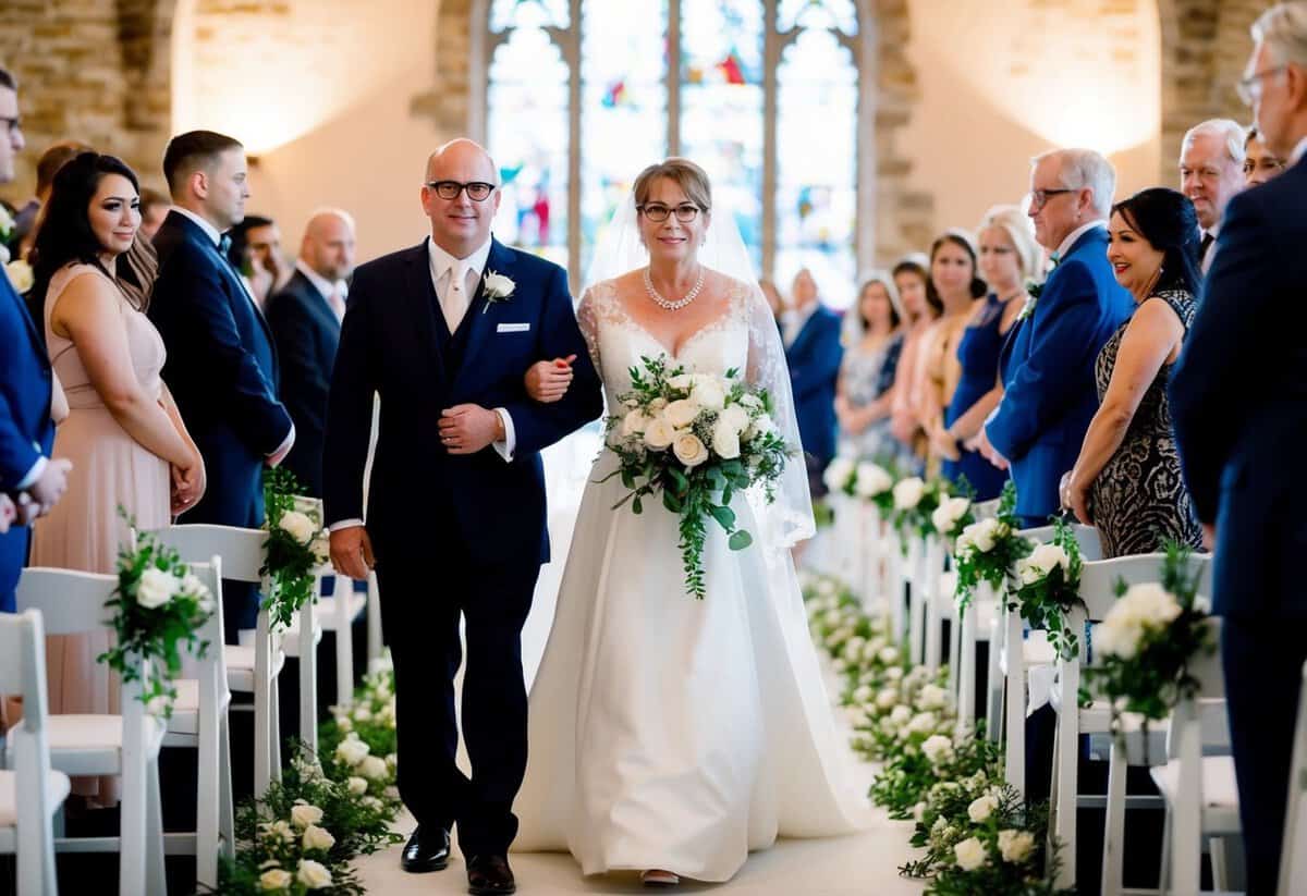 A figure escorts the divorced mother of the bride down the aisle