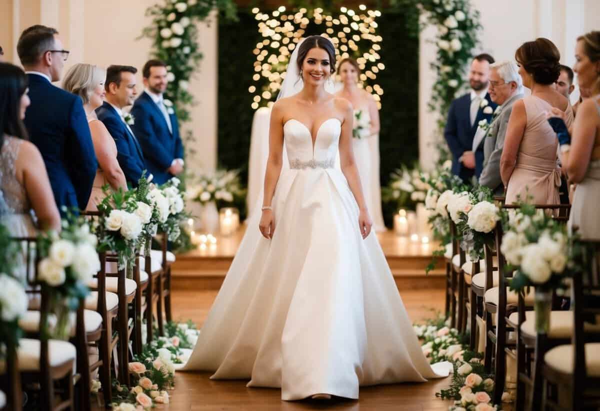 A woman in an elegant dress walks down the aisle, surrounded by flowers and soft lighting. She exudes grace and confidence as she makes her way to the altar