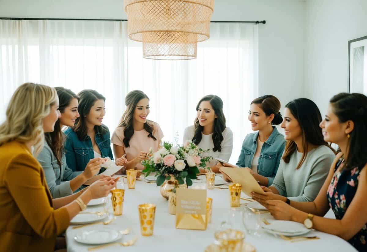 A group of friends gather to plan and organize a bridal shower, discussing various tasks and responsibilities