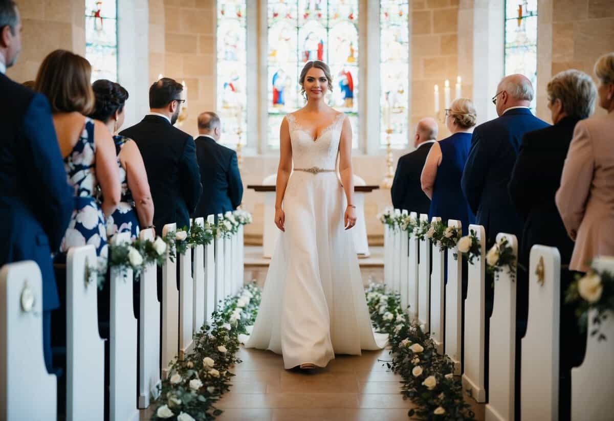 A woman stands alone at the start of the aisle, her gaze fixed ahead as she begins to walk towards the altar