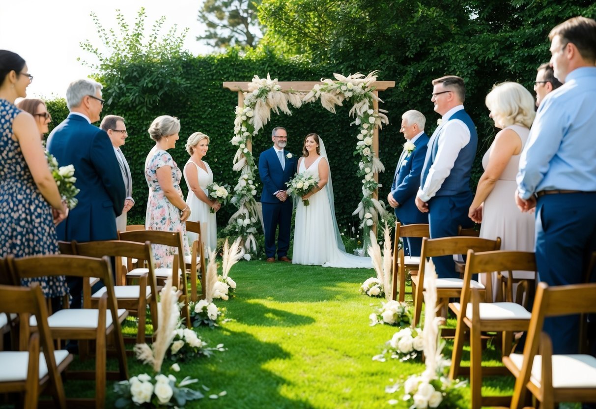 A simple outdoor ceremony in a garden with homemade decor and a small group of guests