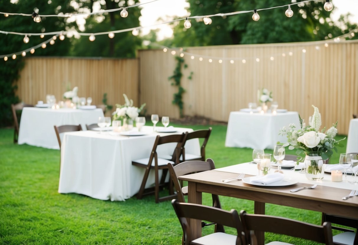 A simple outdoor wedding in a garden with minimal decorations and a small reception area with basic table settings