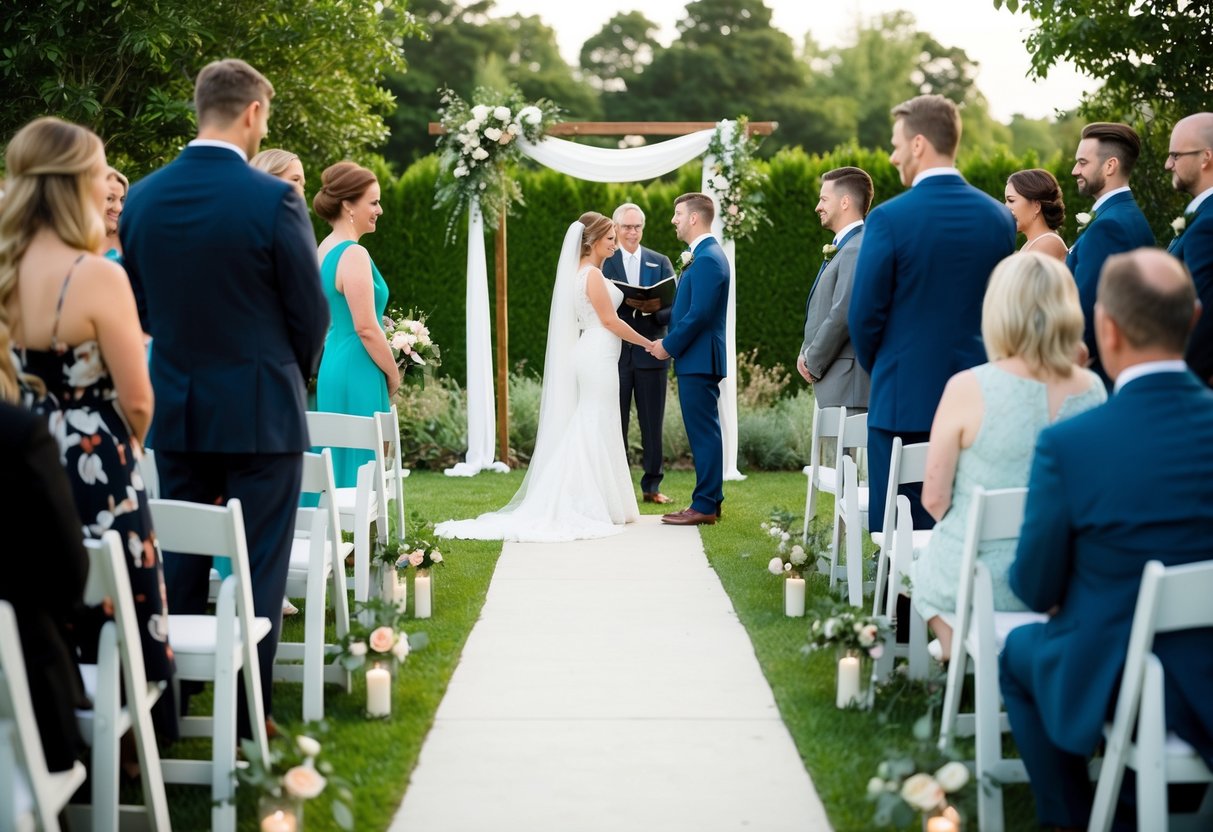 A simple outdoor ceremony in a garden with minimal decorations and a casual dress code