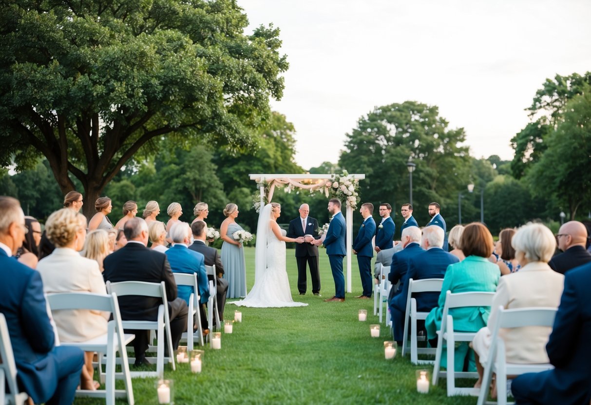 A simple outdoor ceremony in a public park with minimal decor and a small guest list