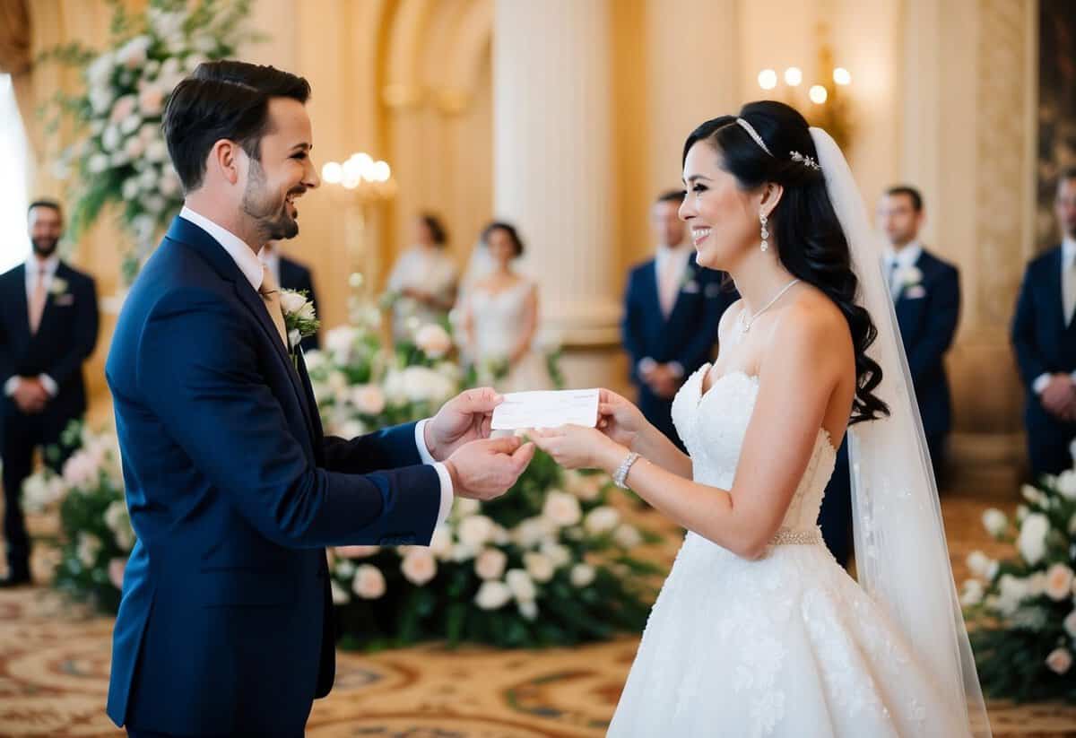 A man in a suit hands over a check to a smiling woman in a wedding dress. They stand in a grand, opulent ballroom filled with flowers and decorations