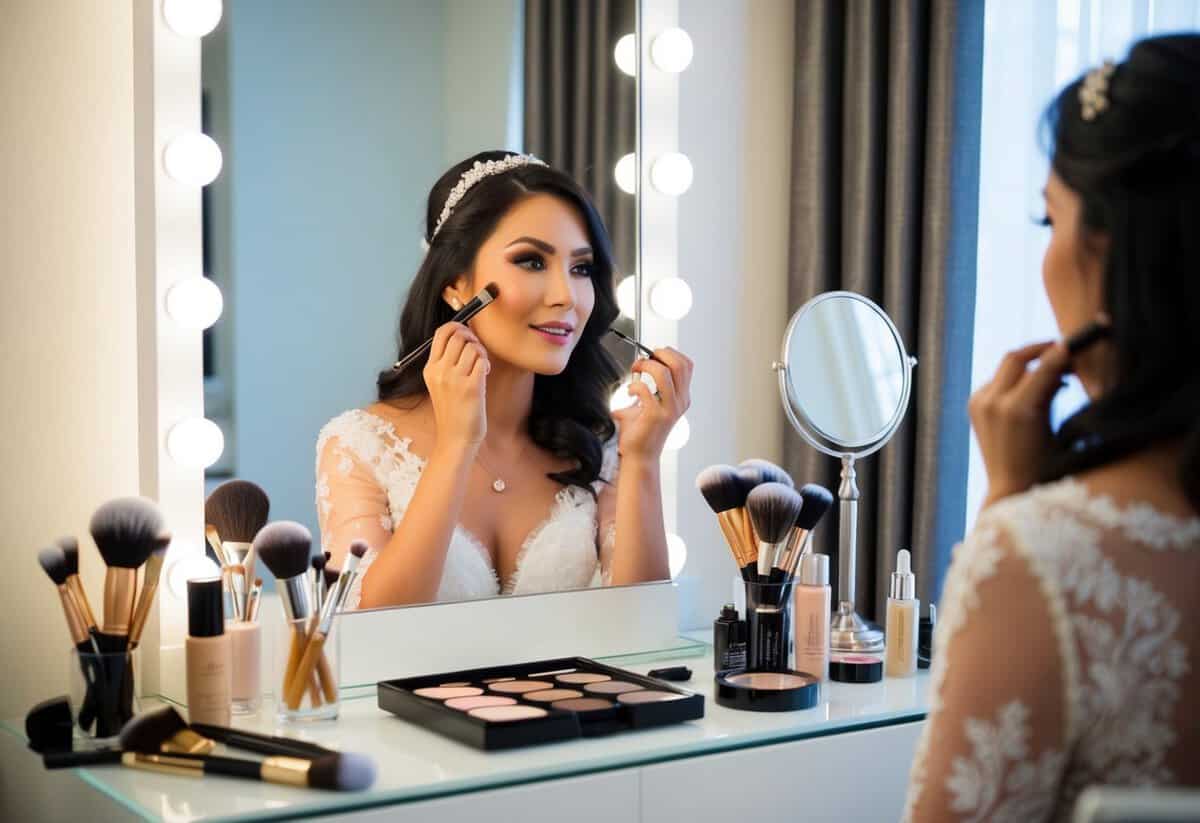 A bride's makeup being applied in a well-lit room with a mirror, makeup products, and brushes scattered across a vanity table
