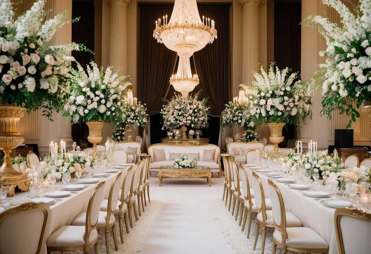 A lavish wedding venue with grand decorations, elegant floral arrangements, and opulent furniture, reflecting the extravagant cost of Princess Diana's wedding