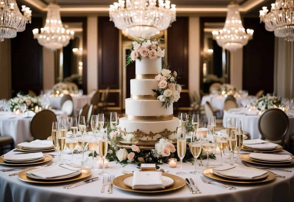 A lavish wedding venue with elegant decor, flowers, and a grand cake, surrounded by expensive champagne and luxurious dining settings