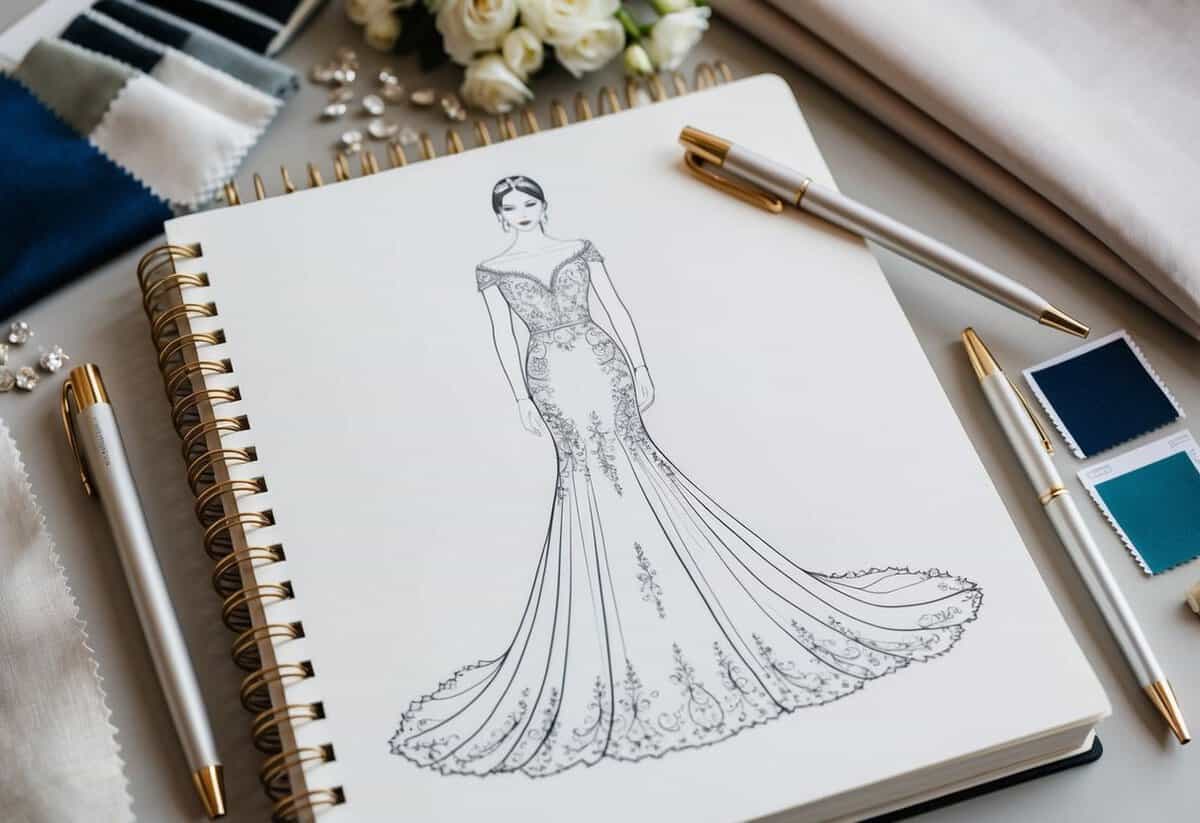 A designer's sketchbook with a detailed drawing of Meghan Markle's wedding dress, surrounded by fabric swatches and embellishments
