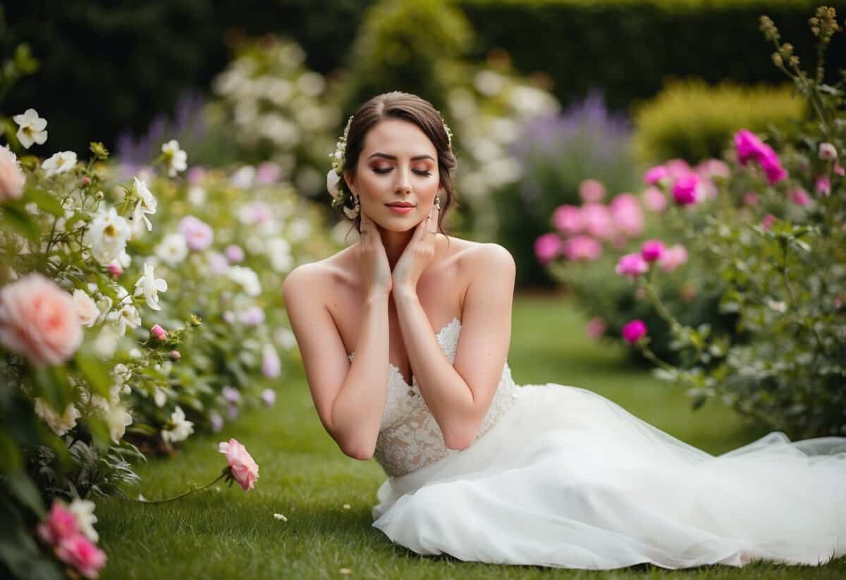 A bride sitting peacefully in a garden, surrounded by blooming flowers and natural beauty, embracing her bare face on her wedding day