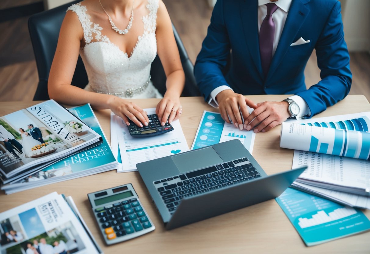 A couple sitting at a table with a laptop and calculator, surrounded by wedding magazines and financial documents. They are discussing and planning their wedding expenses