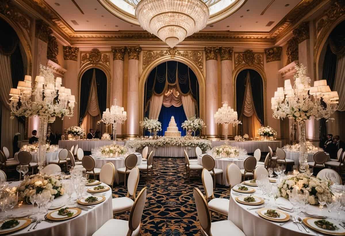A grand royal wedding reception with opulent decorations and a lavish banquet