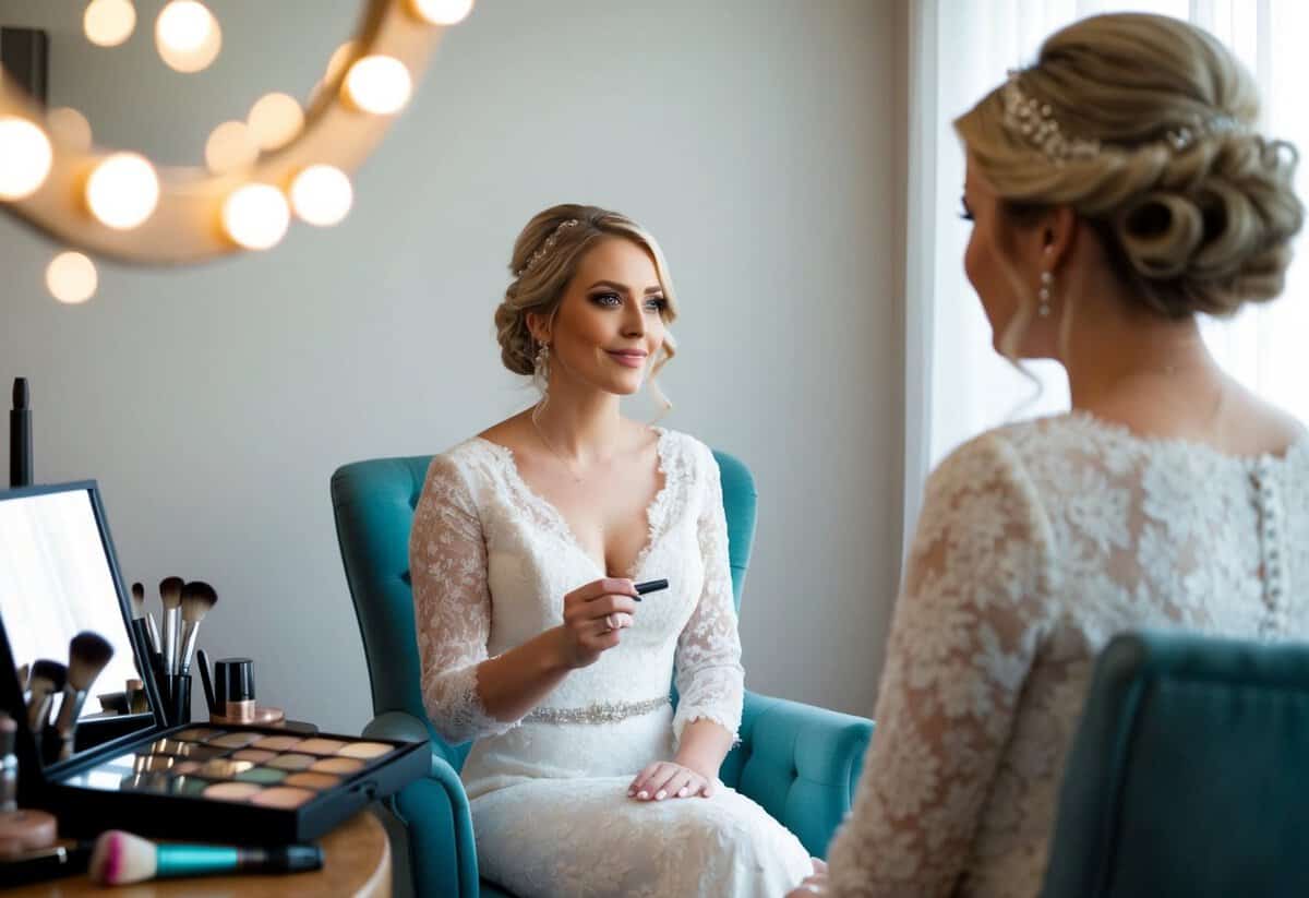 A bride sits in a cozy chair, surrounded by makeup palettes and brushes. She gazes into a mirror, envisioning her perfect wedding day look