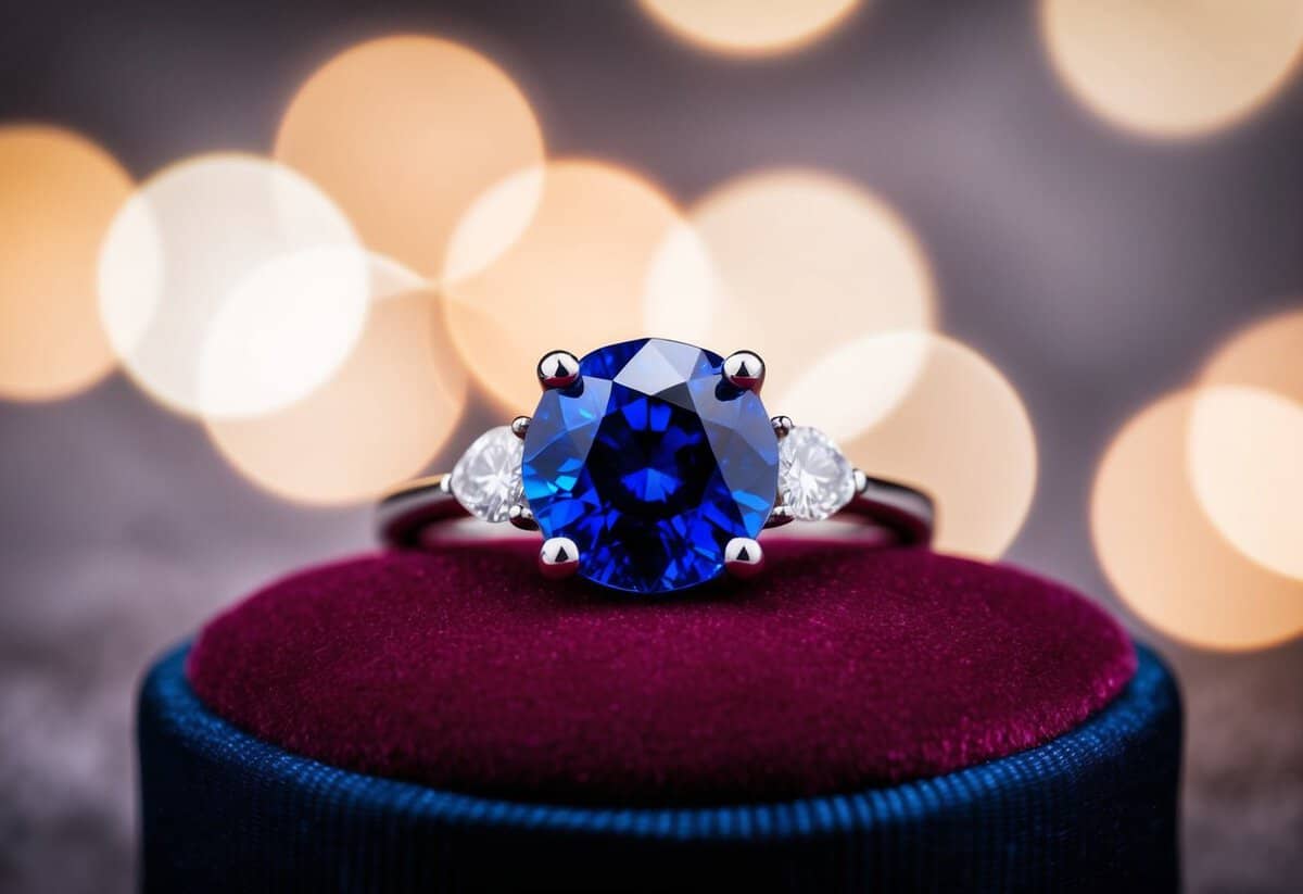 A sparkling sapphire and diamond ring on a velvet cushion